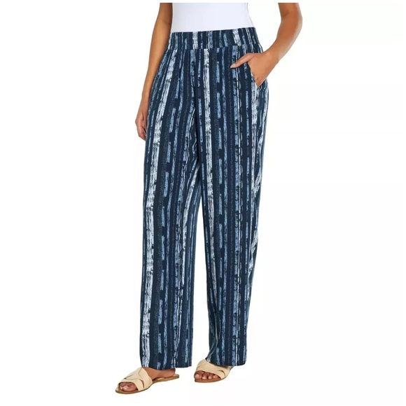 Three Dots Women's Navy Striped Elastic Pull On Pant with Pockets Medium NWOT - Picture 2 of 7